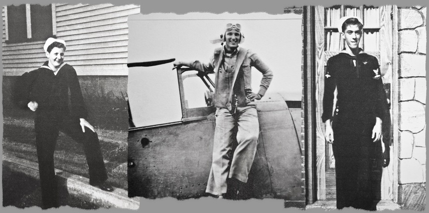 A gauche : Bert Edward Baluk, membre d'équipage du vol 19. Le milieu : Lt. Robert F. Cox, instructeur de vol senior de la NASFL, qui était en communication avec le vol 19 jusqu'à ce que le signal devienne plus faible. Bien : Bob Harmon, alias George Devlin, membre d'équipage du vol 19, vers 1944.