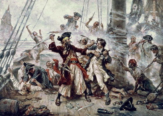 Le Duel entre le pirate Barbenoire et le lieutenant Maynard à Ocracoke - peinture de Jean Léon Gérome FERRIS (8 août 1863 - 18 mars 1930)