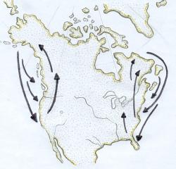 Carte de répartition du Bigfoot ou Sasquatch, montrant les possibles voies migratoires par l'océan Pacifique vers l'Oregon et la Californie à l'ouest, et par l'océan Atlantique vers la Floride à l'est, puis la remontée vers le nord à travers les vastes forêts américaines.Dans cette hypothèse, les Sasquatches viendraient depuis la mer pour se reproduire à terre, accomplissant ainsi une boucle, comme le font les ours polaires autour de la baie d'Hudson.