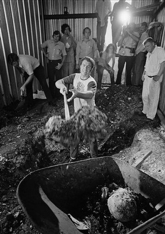 Un détenu creuse dans le garage du bateau à la recherche de corps. Dans la brouette, le crâne de la dixième victime a été déterré. Date : 9 août 1973. Photo : AP.