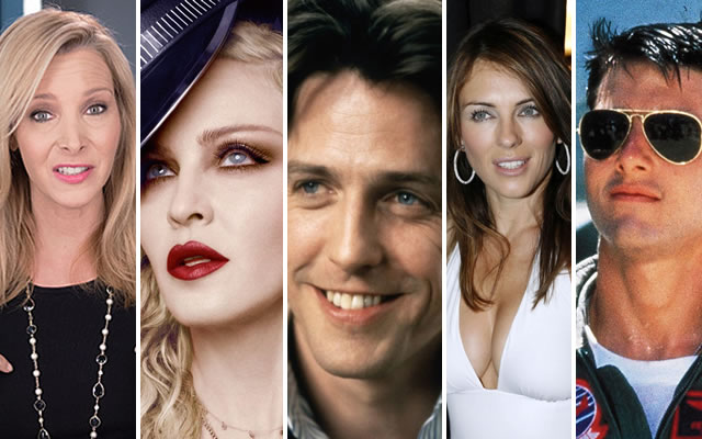 As celebridades Lisa Kudrow, Madonna, Hugh Grant, Elizabeth Hurley e Tom Cruise.