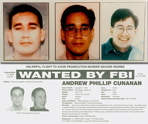Pouco mais de um mês depois de se juntar à investigação, o FBI, trabalhando em conjunto com o programa televisivo America’s Most Wanted, colocou Cunanan na lista dos 10 homens mais procurados dos Estados Unidos. Foto: FBI.gov.