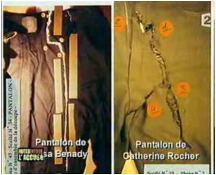 Comparaison des pantalons d'Elsa Benady et de Catherine Rocher. On peut clairement voir que l'agresseur a déchiré le pantalon sur le côté gauche (jambe gauche).
