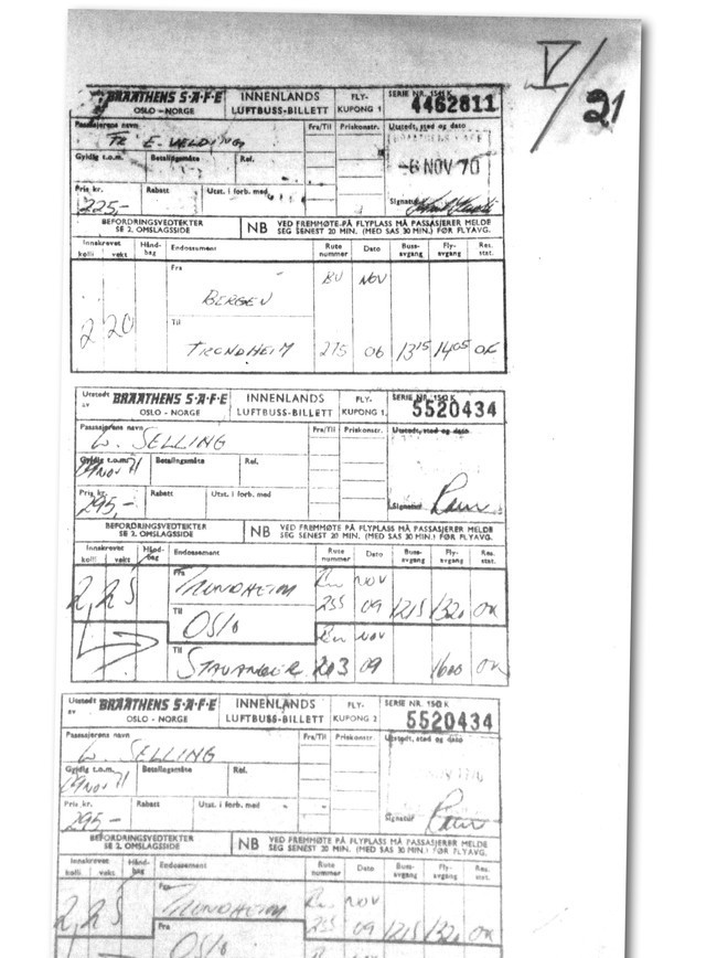 Un billet d'avion de la compagnie Braathens SAFE, qui montre que la femme Isdal a atterri à Værnes alors que les services secrets soviétiques étaient présents. La femme Isdal a utilisé les faux noms de E. Velding et L. Selling lors de ce voyage. | Photo de la police de Bergen