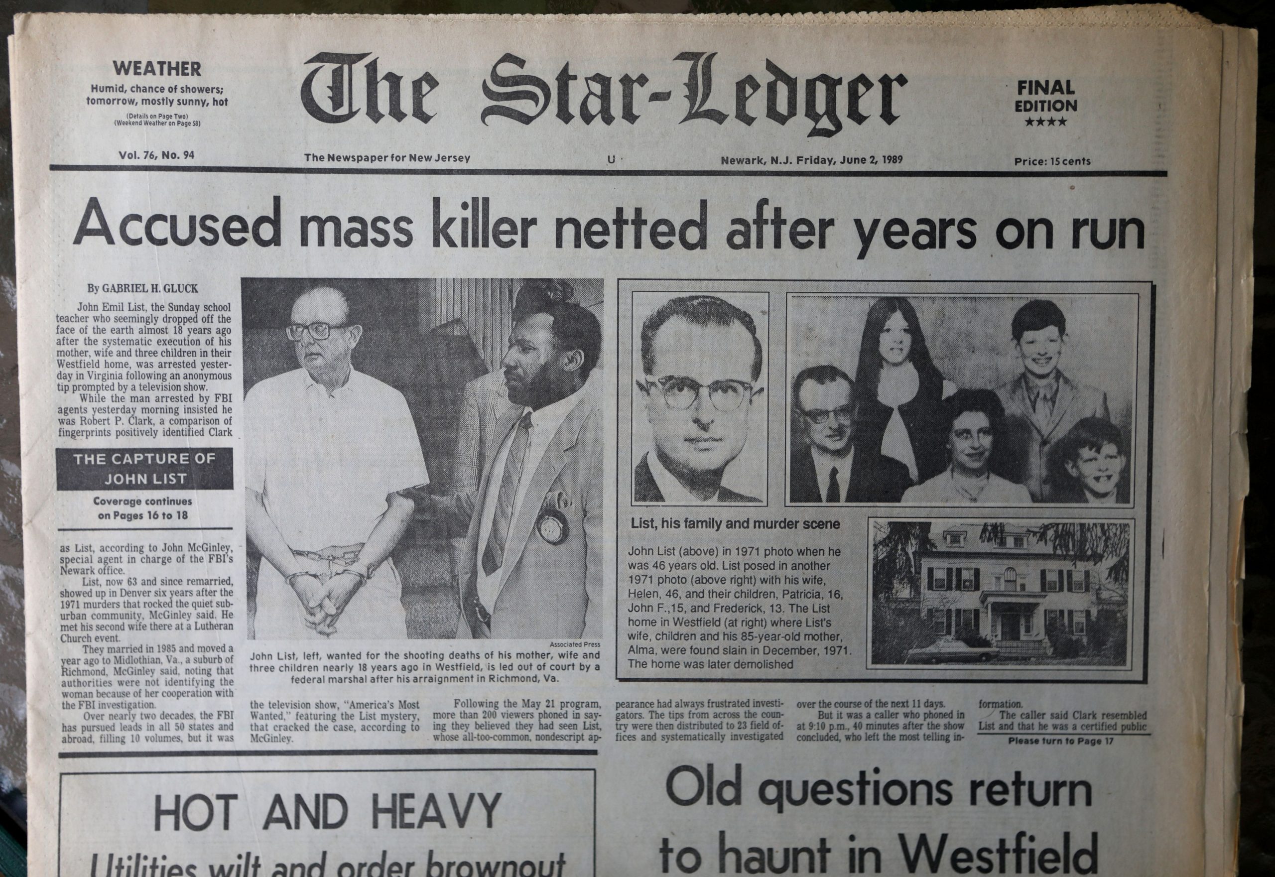 La couverture de la première page du Star-Ledger le 2 juin 1989, lorsque John List alias Bob Clark a finalement été capturé. Andre Malok | NJ Advance Media