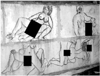 Les dessins pornographiques du maniaque sur les murs intérieurs.