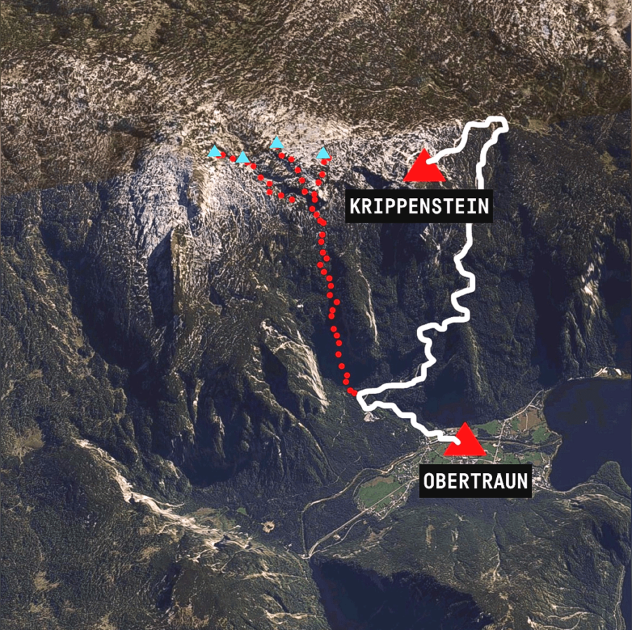 L'itinéraire initial en ligne blanche. Mais Hans a modifié l'itinéraire, les conduisant sur certains des terrains les plus difficiles de la région, et ils se sont vite retrouvés perdus.