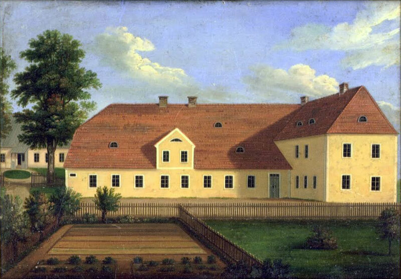 Peinture à l'huile représentant l'école de filles Jaunveļķi (Pensionnat de Neuwelcke ?) datant d'environ 1800.